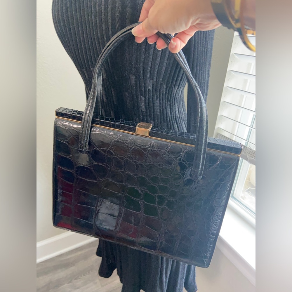Vintage Deauville Black Crocodile Skin Leather Handbag With Two Handles - Picture 6 of 16